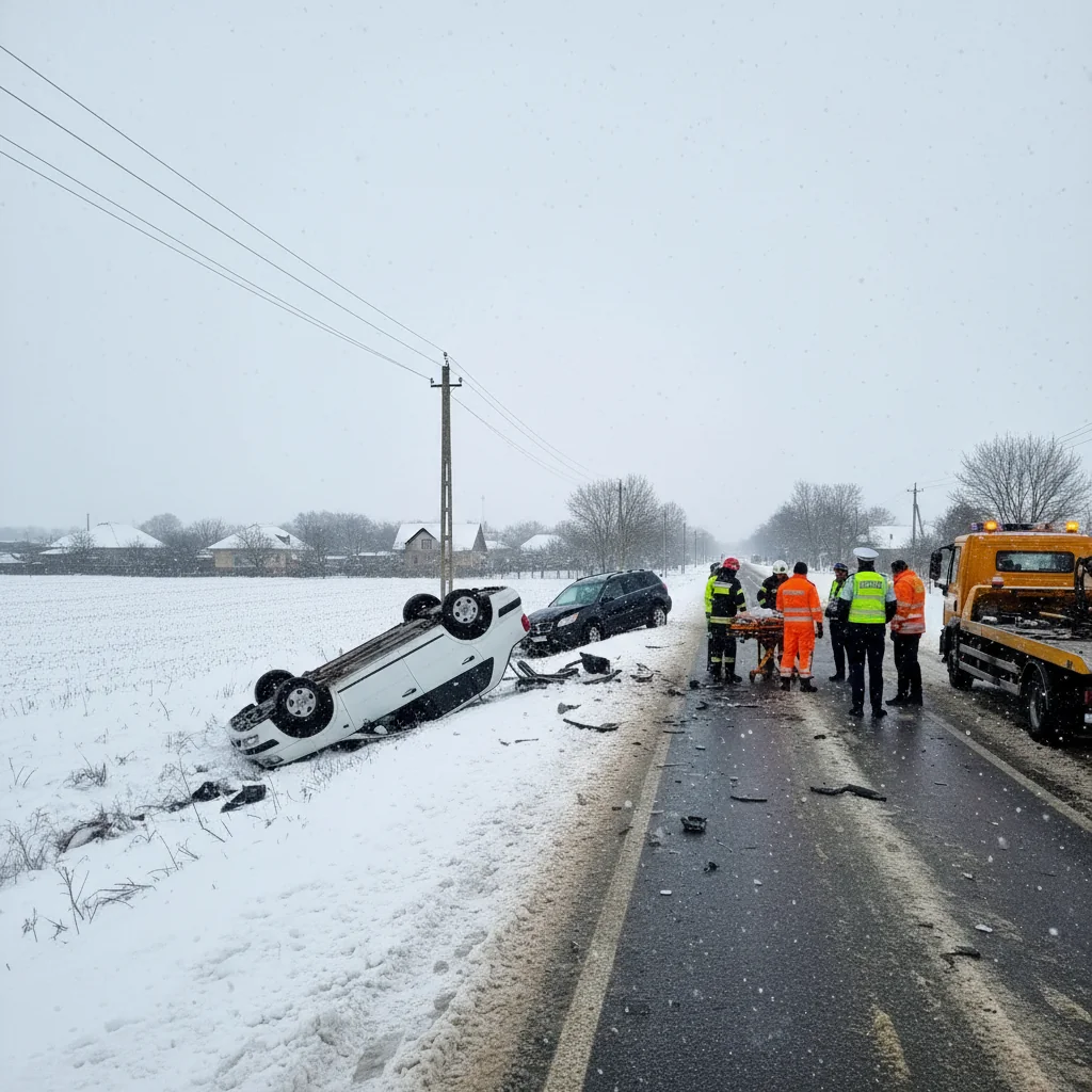 Accident rutier pe drum acoperit de zăpadă la Semlac, Arad, în urma căruia au rezultat victime