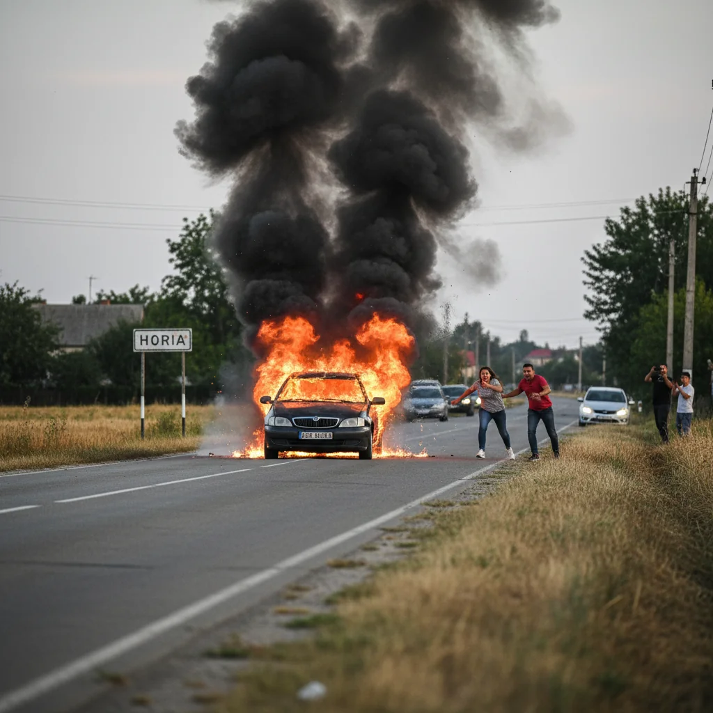 Autoturism cuprins de flăcări în mers la intrarea în Horia, intervenție a pompierilor din Arad
