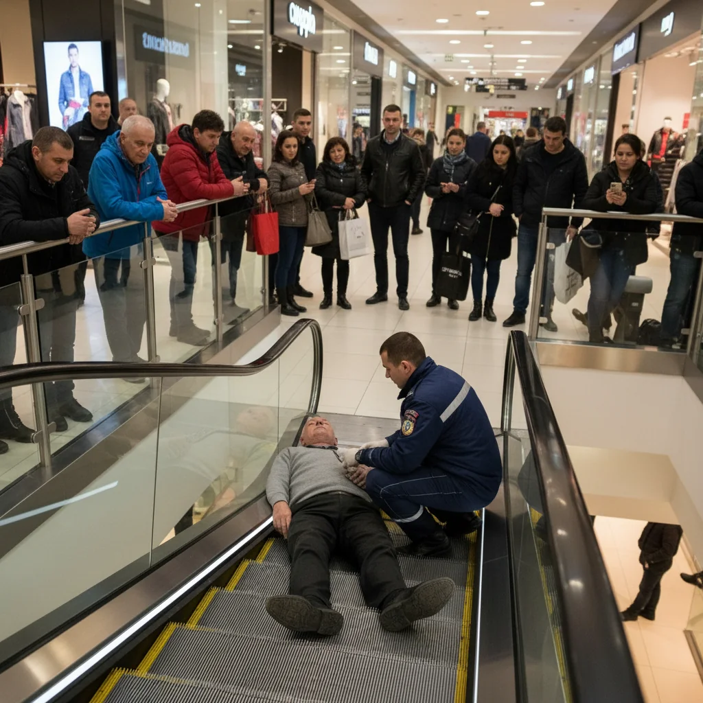 Bărbat de 63 de ani leșinat pe scările rulante dintr-un mall din Arad, ajutat rapid de jandarmi