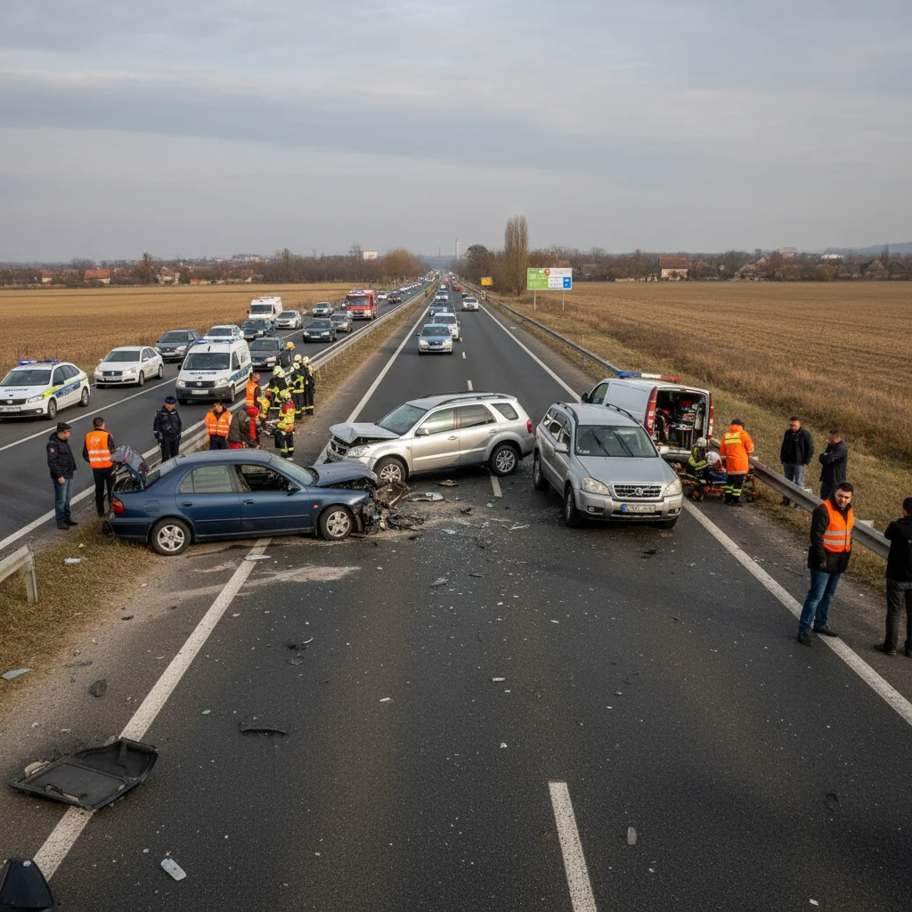 Intervenție a pompierilor după un accident cu trei vehicule între Vladimirescu și Mândruloc, în județul Arad