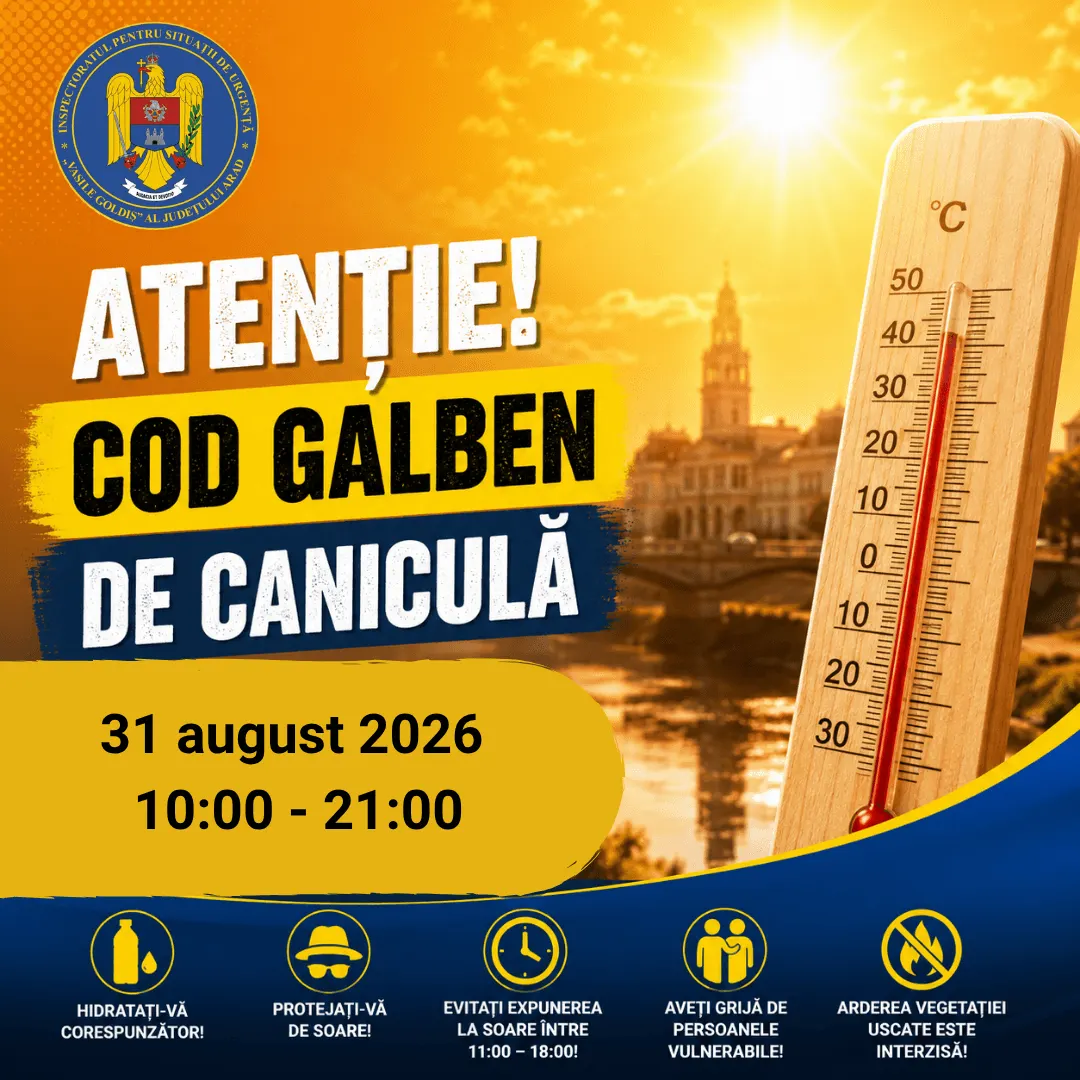 Caniculă în județul Arad azi: Cod galben până la 21:00, ITU la 80