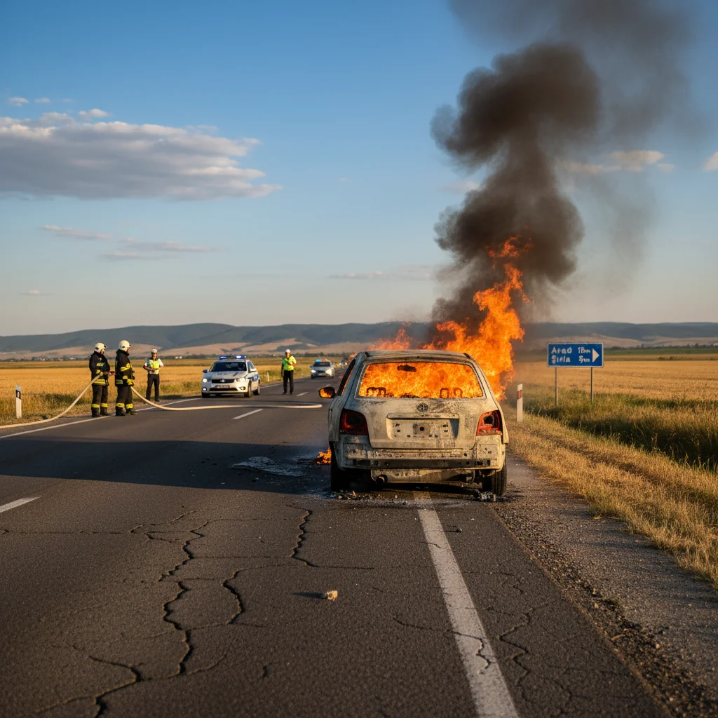 Mașină cuprinsă de flăcări între Arad și Șiria, trafic rutier perturbat temporar