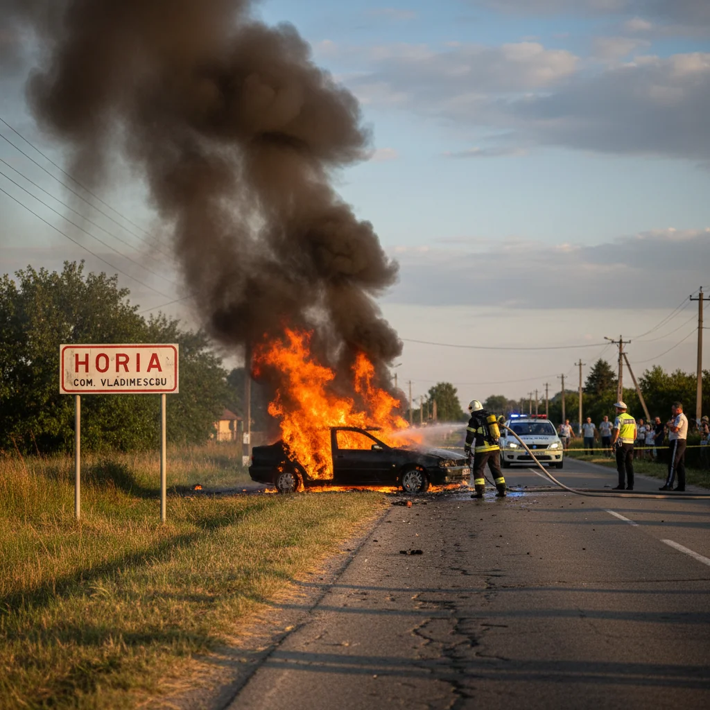 Mașină cuprinsă de flăcări la intrarea în localitatea Horia, pe drumul dinspre Arad