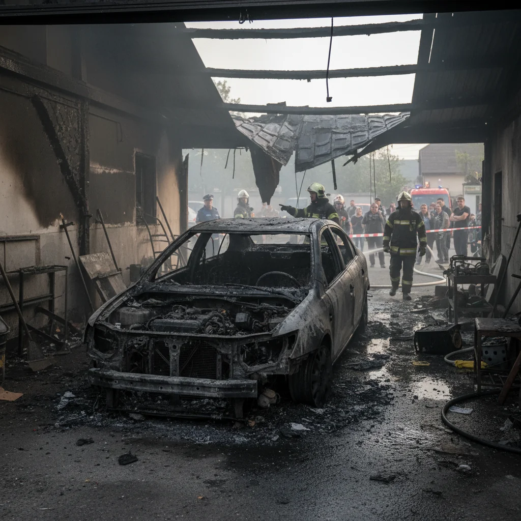 Mașină distrusă într-un incendiu la un garaj din Adea, județul Arad