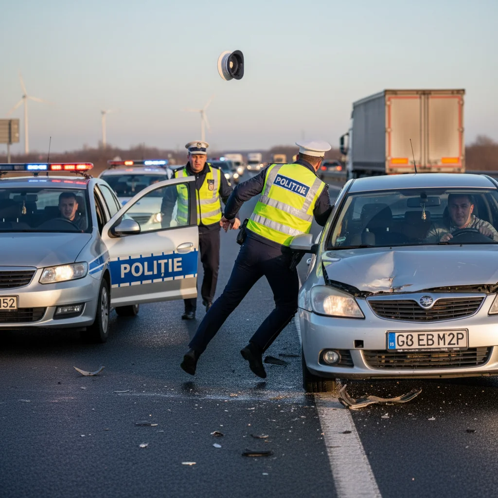 Polițist rutier accidentat de un autoturism pe autostrada Arad-Nădlac în timpul unui control de rutină